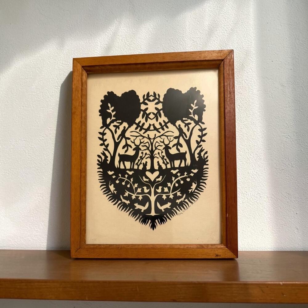 Vintage Scherenschnitte Paper Cutting FOLK ART Deer Wildlife Creatures Framed